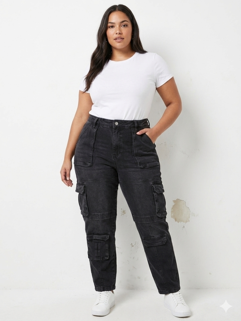 Fashion Nova Plus Black High-Waist Cargo Boyfriend Jeans